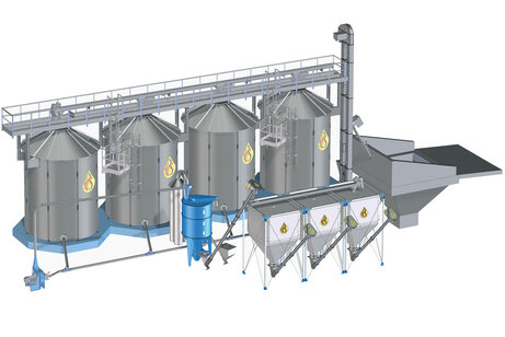 HIMEL Getreideanlage mit Rundsilos für die Aussenaufstellung und vollautomatische Mahl- & Mischanlage mit Gebläsemühle, 